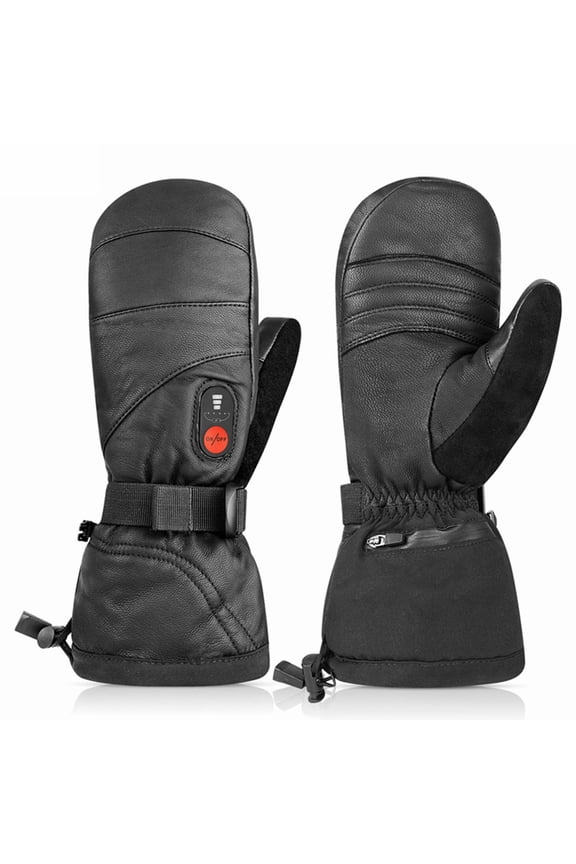 Sun Will Black Leather Waterproof Snow Gloves, Rechargeable Heated Touch Screen Warm Ski Mittens S-2XL