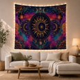 thumbnail image 1 of Sun Wrapped Around Crescent Moon Within Ornate Mandala, Mystical Celestial for Astronomy Fans, Cosmic Wall Art, Housewarming Gift, Tapestry Wall Hanging for Bedroom and Studio, 1 of 7