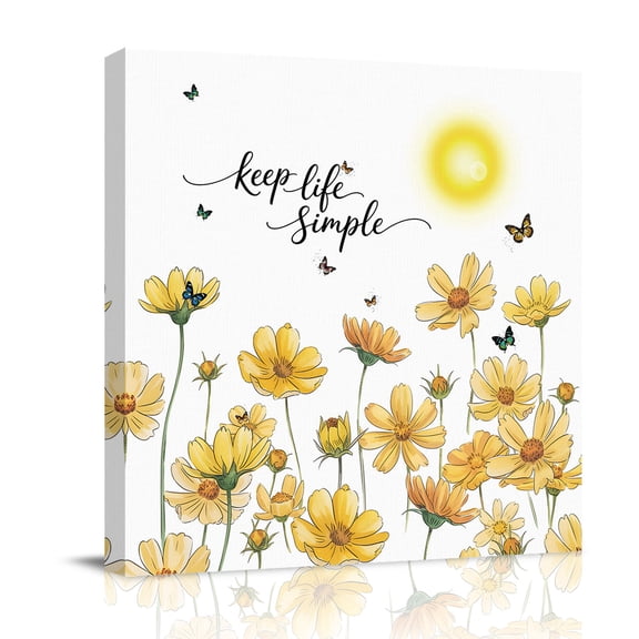 Sun Yellow Flowers Canvas Wall Art for Living Room, Keep Life Simple Butterflies Floral Poster Print Painting for Bedroom Office Home Decoration Wall Pictures Prepare To Hang 10"x10"
