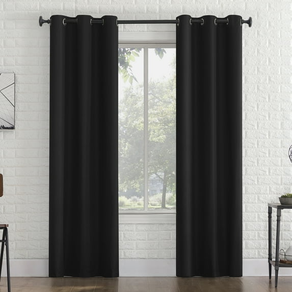 Sun Zero Arlo 2-Piece Textured Thermal Insulated Room Darkening Grommet Curtain Panel Pair, Black, 40"W x 84"L