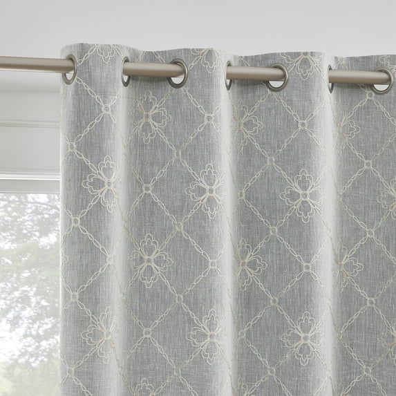 Sun Zero Adria Trellis Embroidered 100% Blackout Grommet Curtain Panel, 50"W x 63"L, Gray