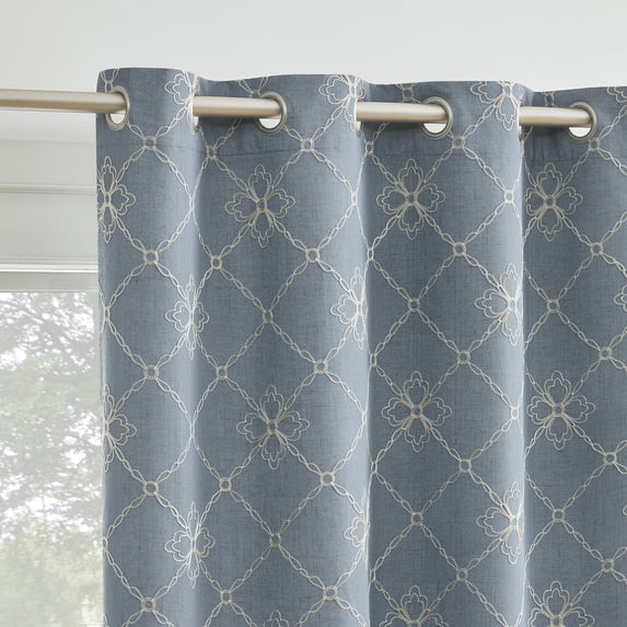 Sun Zero Adria Trellis Embroidered 100% Blackout Grommet Curtain Panel, 50"W x 84"L, Denim Blue