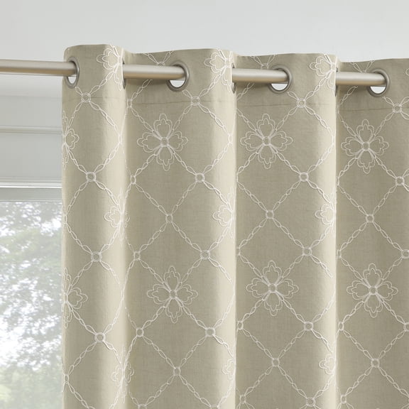 Sun Zero Adria Trellis Embroidered 100% Blackout Grommet Curtain Panel, 50"W x 84"L, Ecru