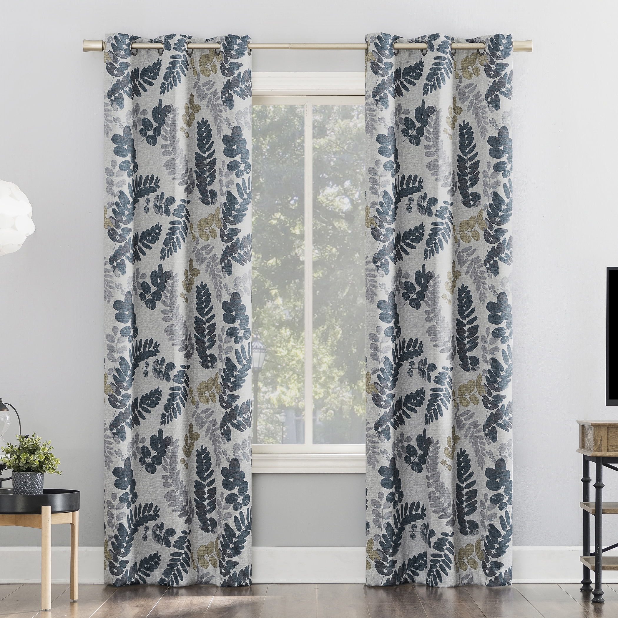 Indigo Botanical Print Blackout Grommet Curtain Panel, 40" x 84"