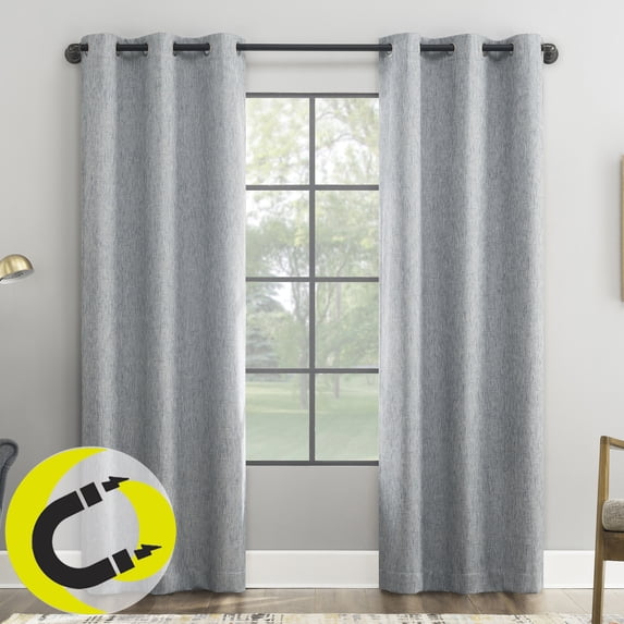 Sun Zero Aldwin Slub Texture Magnetic Closure 100% Blackout Grommet Curtain Panel, 40"W x 84"L, Washed Blue