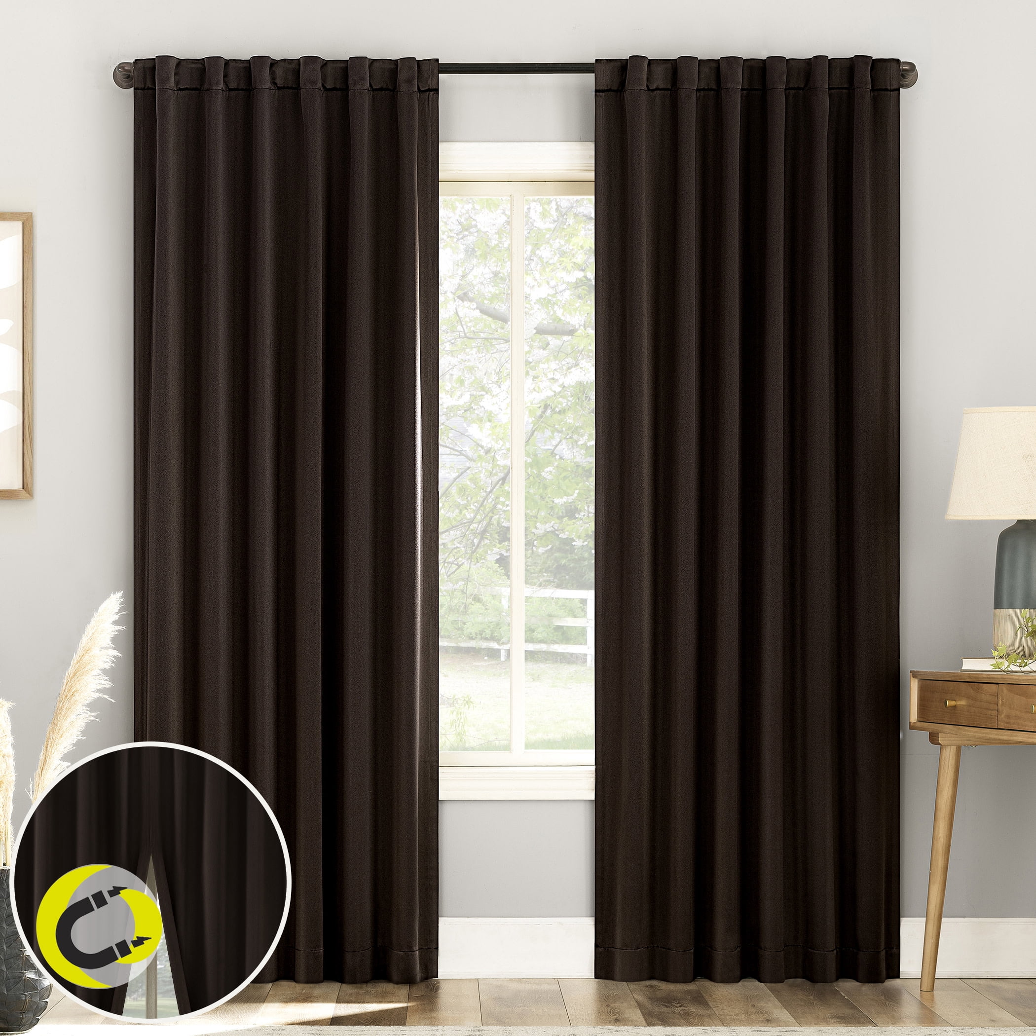 Sun Zero Aria 2-pack Magnetic Closure Theater Grade 100% Blackout Back Tab/Rod Pocket Curtain Panel Pair, 52"W x 84"L, Chocolate Brown