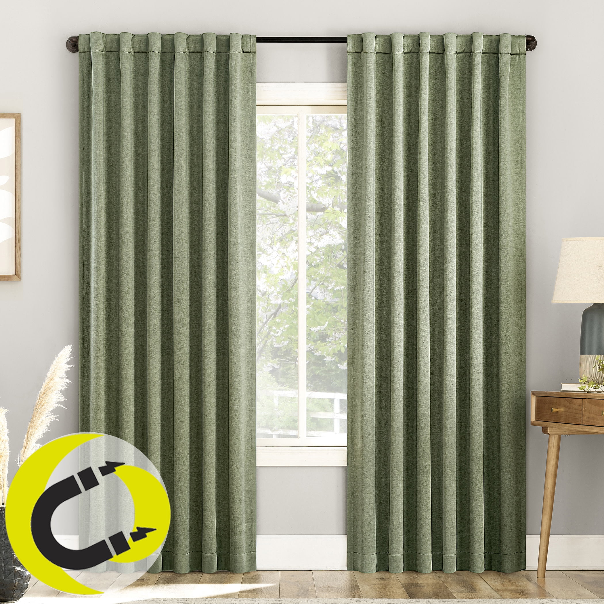 Sun Zero Aria 2-pack Magnetic Closure Theater Grade 100% Blackout Back Tab/Rod Pocket Curtain Panel Pair, 52"W x 96"L, Sage Green