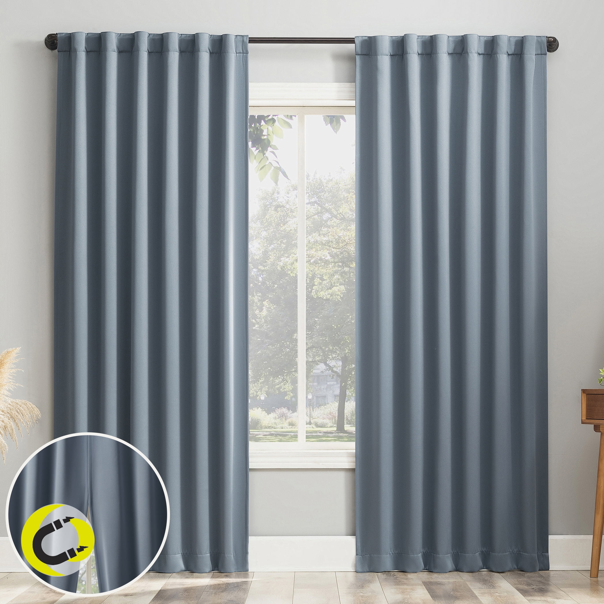 Sun Zero Aria 2-pack Magnetic Closure Theater Grade 100% Blackout Back Tab/Rod Pocket Curtain Panel Pair, 52"W x 84"L, Denim Blue