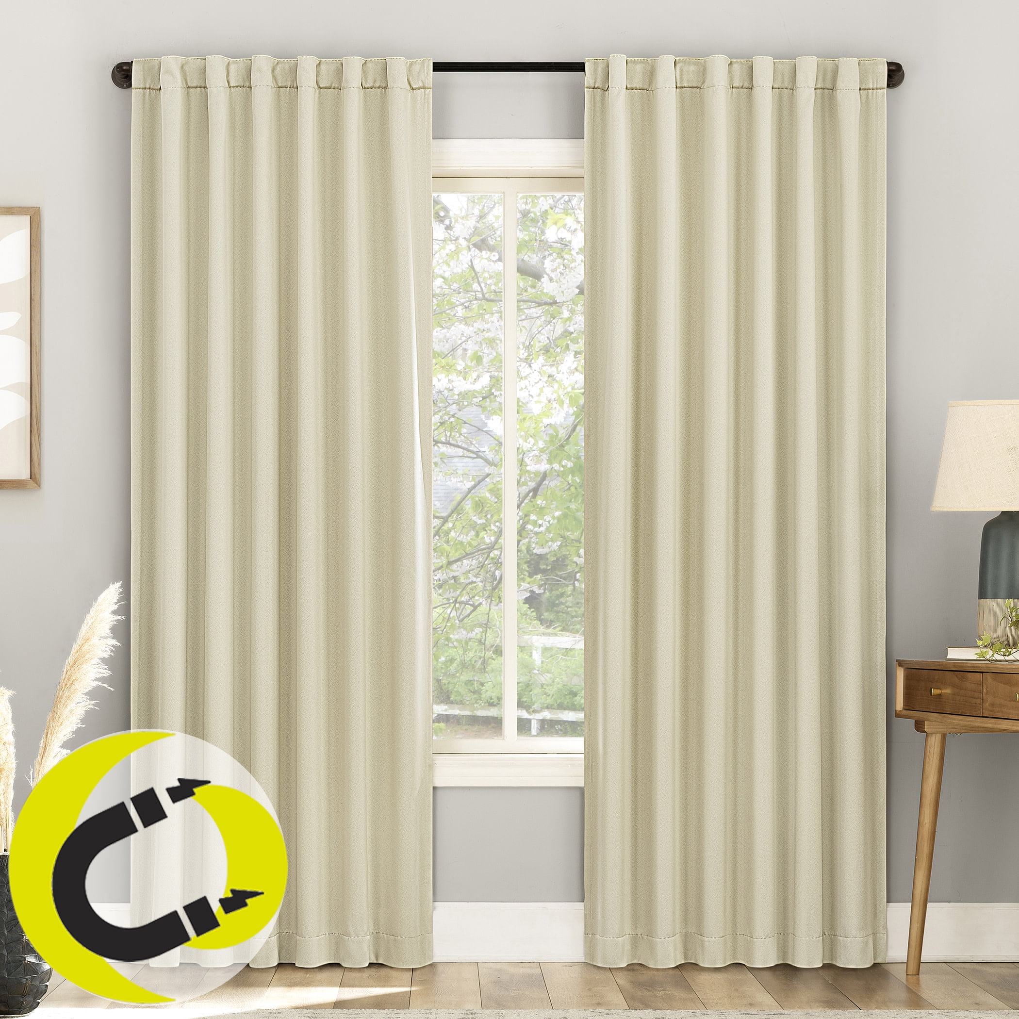 Sun Zero Aria 2-pack Magnetic Closure Theater Grade 100% Blackout Back Tab/Rod Pocket Curtain Panel Pair, 52"W x 96"L, Cream