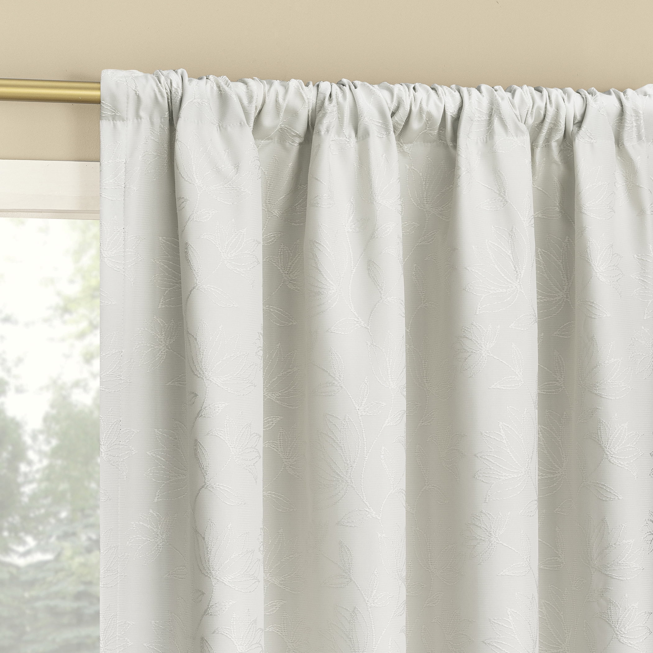 Sun Zero Bronte Floral Jacquard 100% Blackout Rod Pocket Curtain Panel, 50"W X 63"L, Pearl
