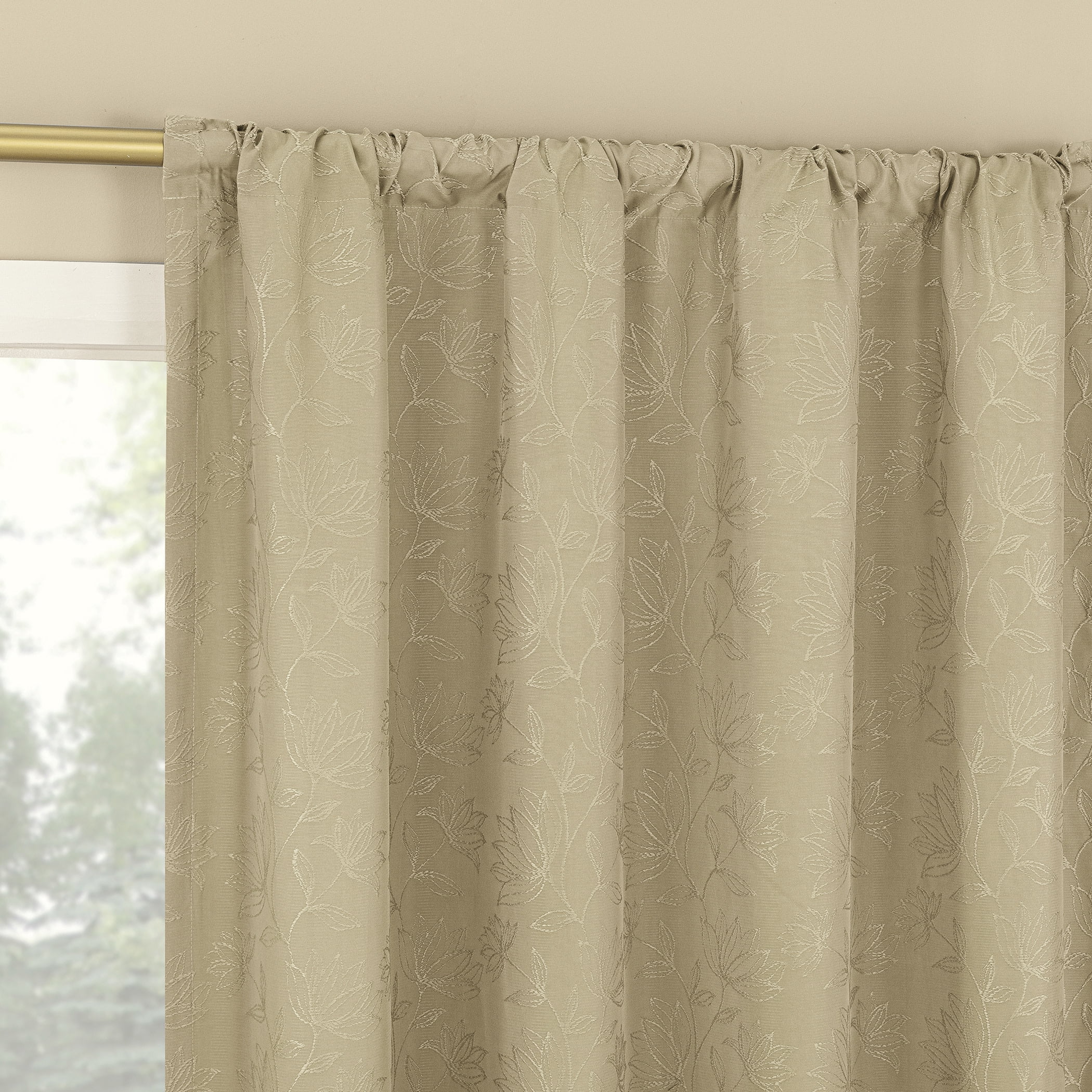 Sun Zero Bronte Floral Jacquard 100% Blackout Rod Pocket Curtain Panel, 50"W X 63"L, Taupe