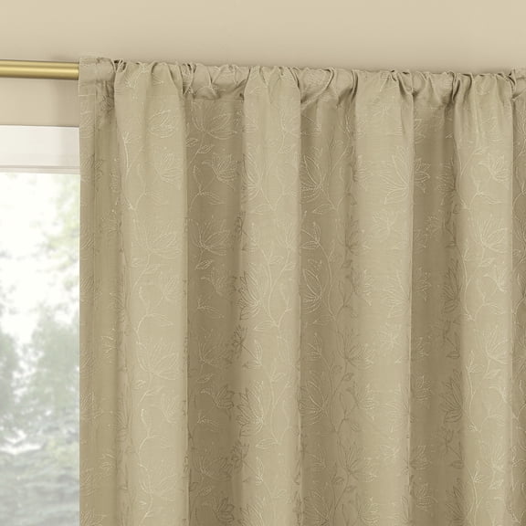 Sun Zero Bronte Floral Jacquard 100% Blackout Rod Pocket Curtain Panel, 50"W X 63"L, Taupe