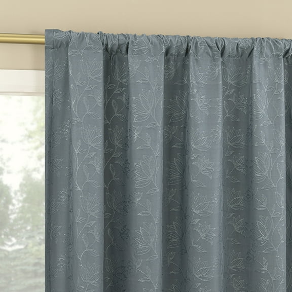 Sun Zero Bronte Floral Jacquard 100% Blackout Rod Pocket Curtain Panel, 50"W X 84"L, Denim Blue
