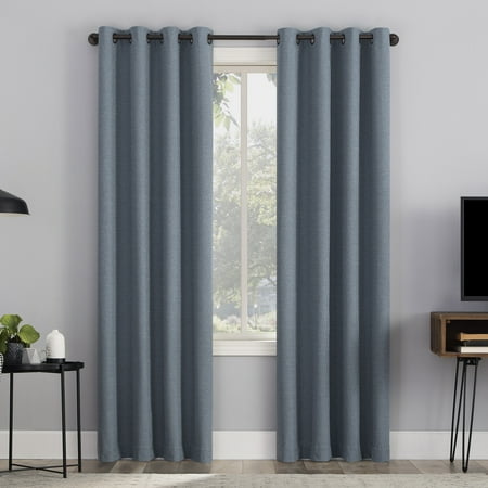 Sun Zero Channing Grid Texture Draft Shield Fleece Insulated 100% Blackout Grommet Curtain Panel, 50X63, Blue
