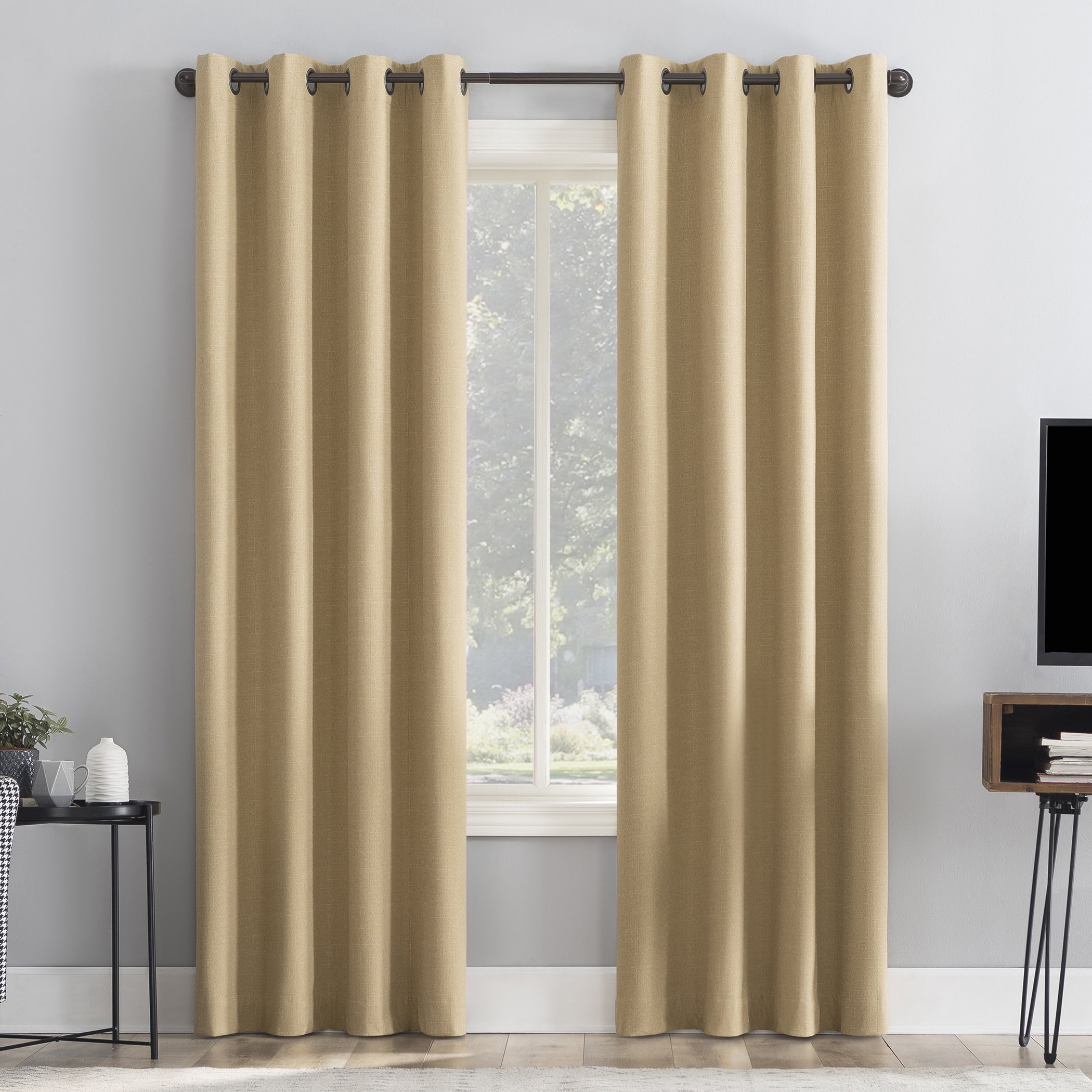 Sun Zero Channing Grid Texture Draft Shield Fleece Insulated 100% Blackout Grommet Curtain Panel, 50X63, Soft Gold