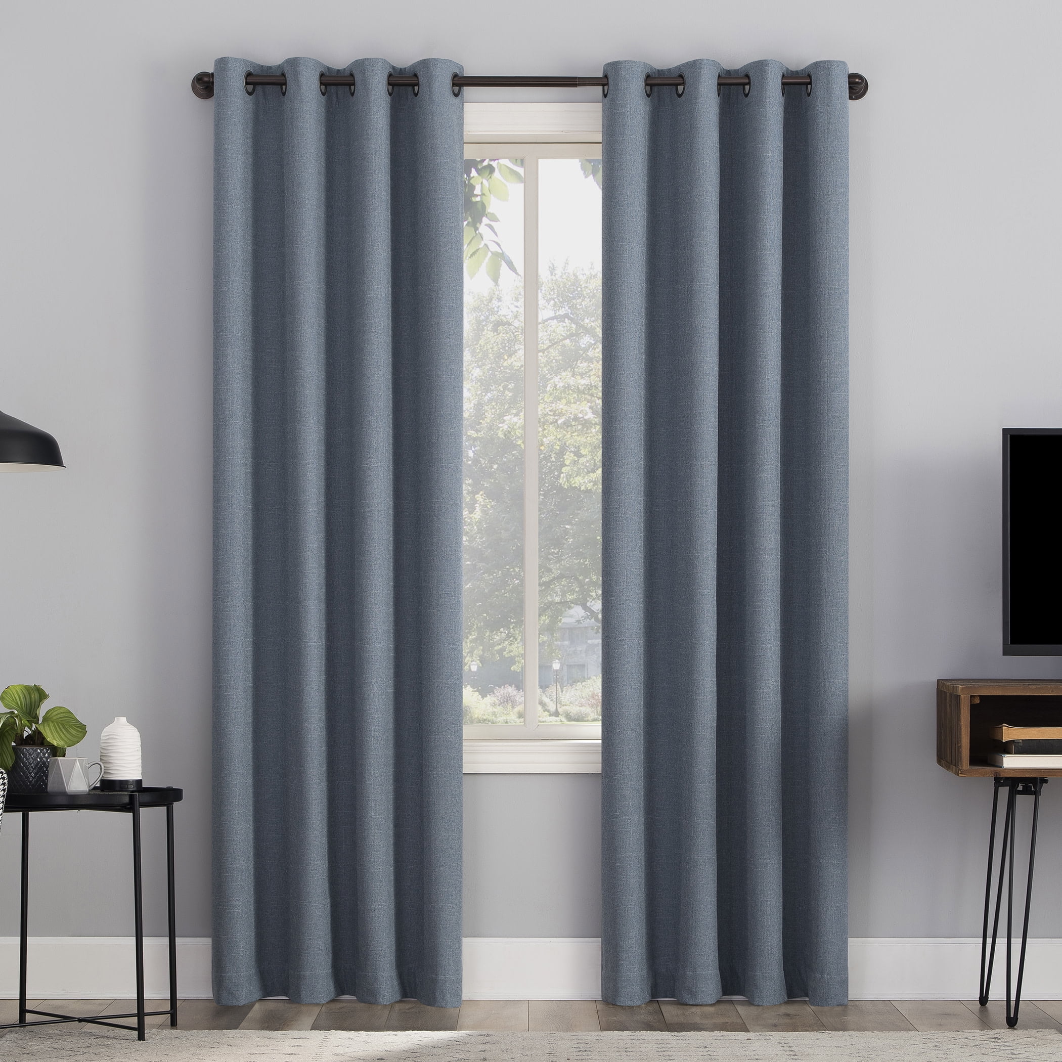 Sun Zero Channing Grid Texture Draft Shield Fleece Insulated 100% Blackout Grommet Curtain Panel, 50X84, Blue