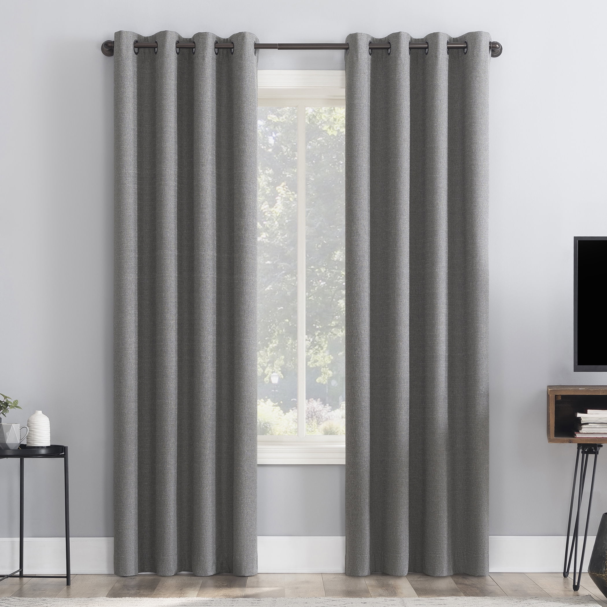 Sun Zero Channing Grid Texture Draft Shield Fleece Insulated 100% Blackout Grommet Curtain Panel, 50X84, Coal