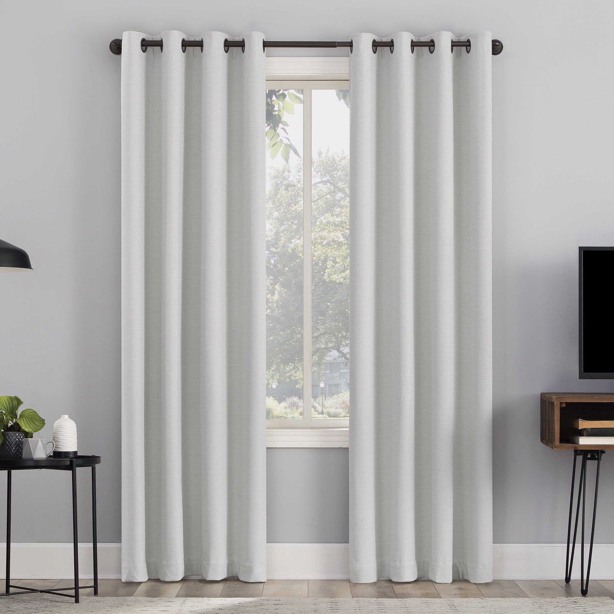 Sun Zero Channing Grid Texture Draft Shield Fleece Insulated 100% Blackout Grommet Curtain Panel, 50X84, Pearl