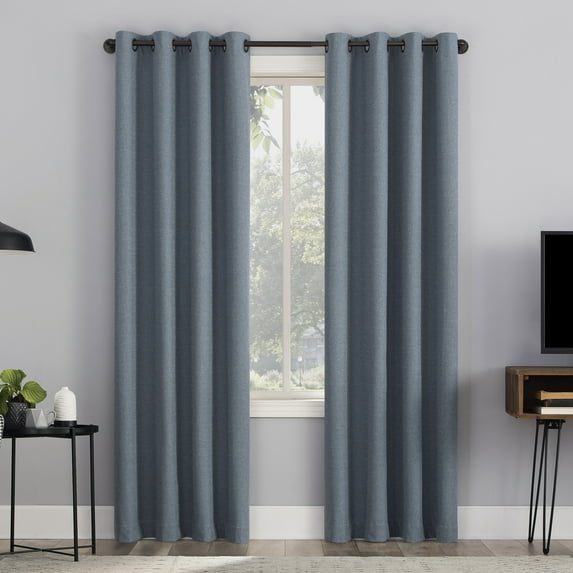 Sun Zero Channing Grid Texture Draft Shield Fleece Insulated 100% Blackout Grommet Curtain Panel, 50X96, Blue