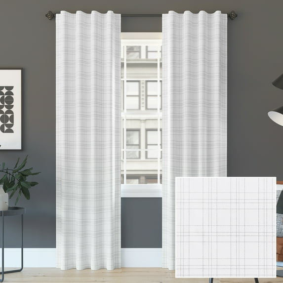 Sun Zero Crestwood 100% Blackout Woven Plaid Thermal Back Tab Curtain Panel, 40"x84", White
