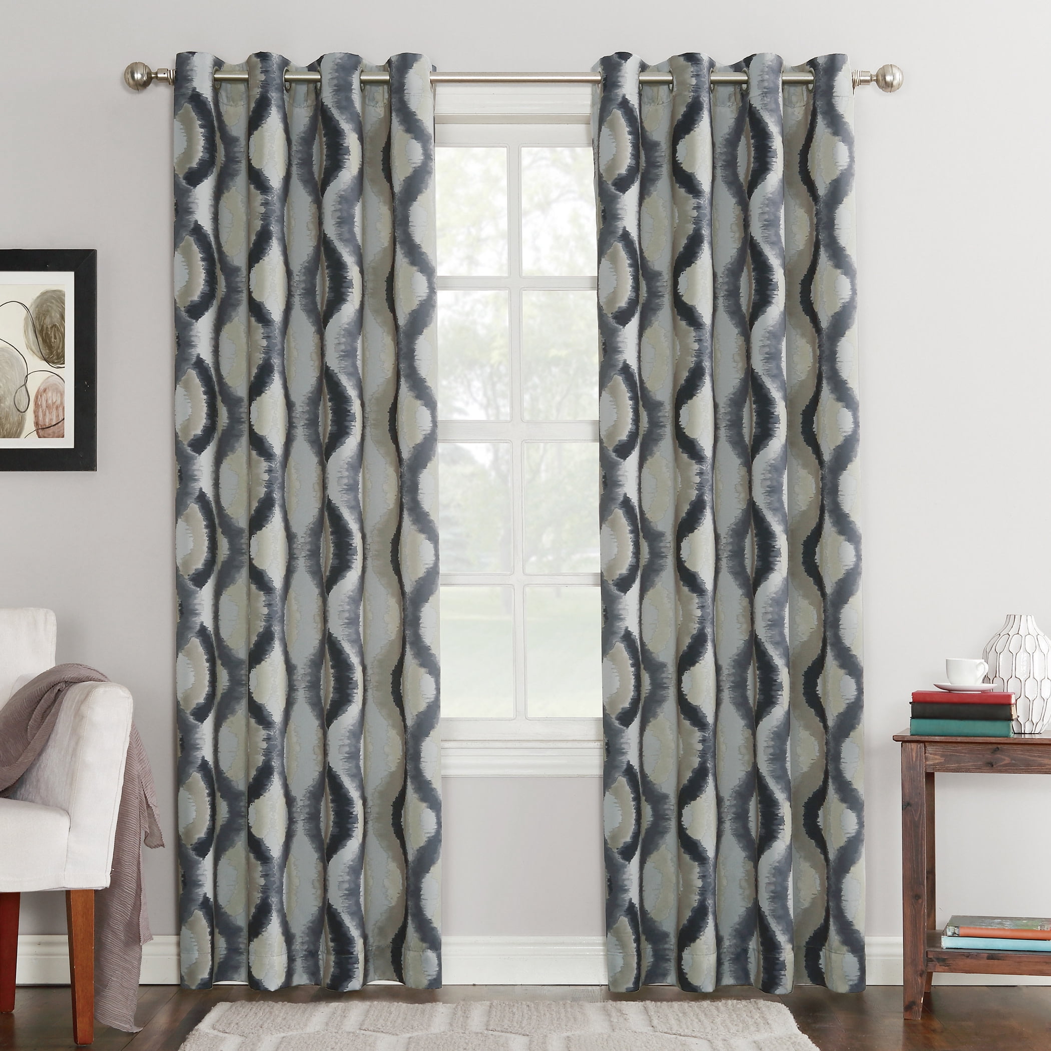 Sun Zero Deltona Ogee Watercolor Energy Efficient Grommet Curtain Panel, 54"X95", Gray