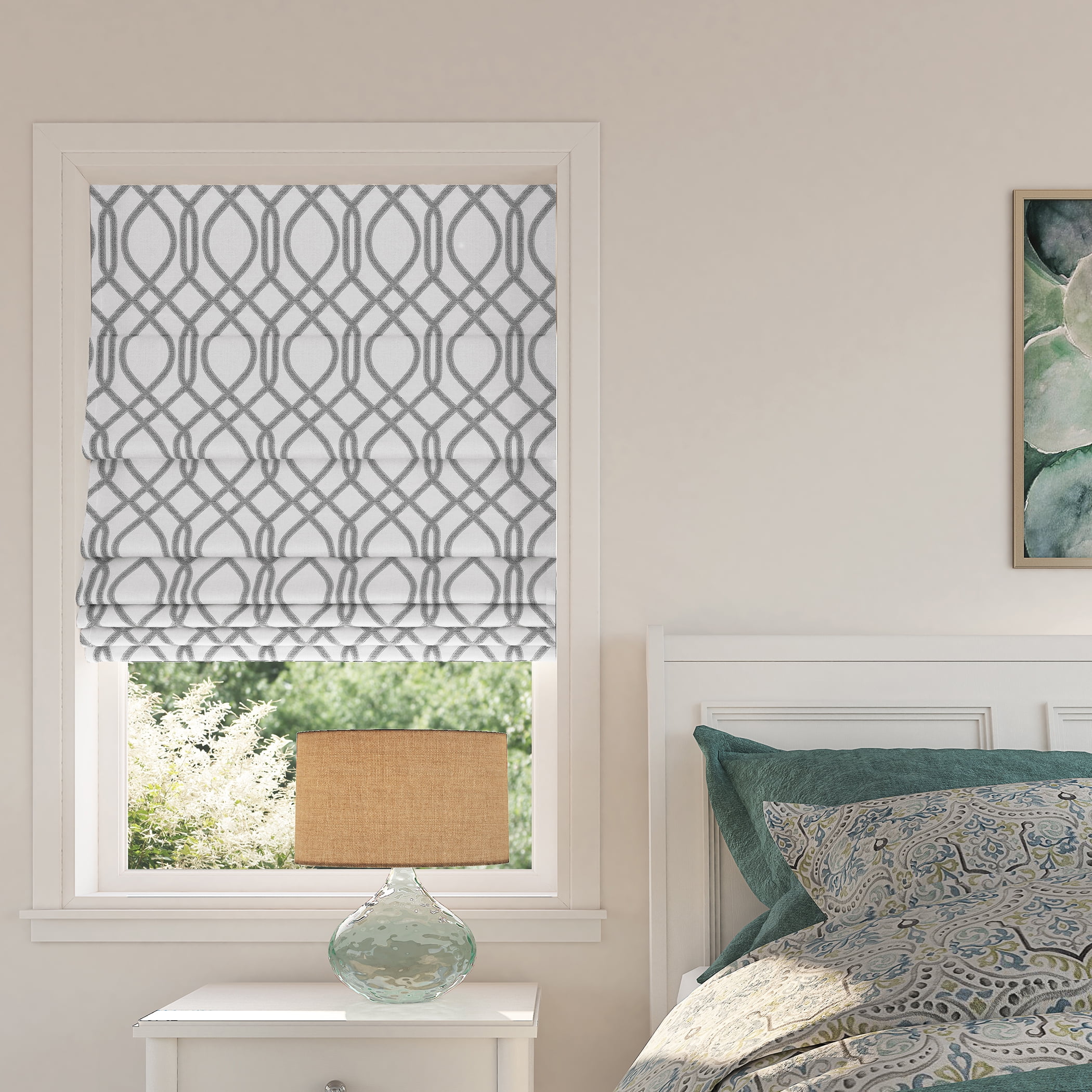 Sun Zero Detour Modern Trellis 100% Blackout Cordless Roman Shade, 27"x64", White