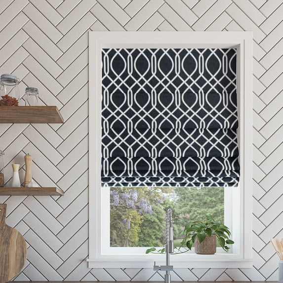Sun Zero Detour Modern Trellis 100% Blackout Cordless Roman Shade, 33"x64", Navy Blue
