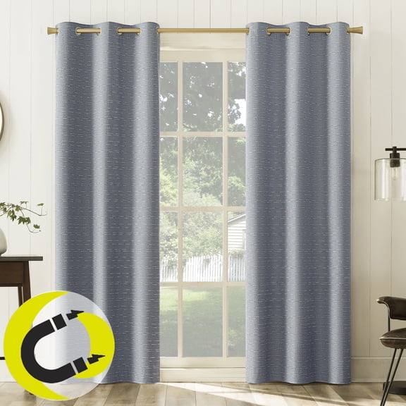 Sun Zero Dresden 2-pack Slub Detail Magnetic Closure 100% Blackout Grommet Curtain Panel Pair, 37"W x 63"L, Denim Blue