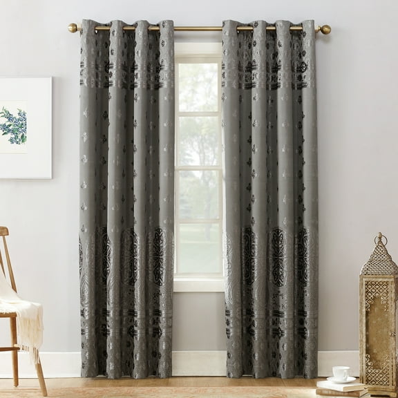 Sun Zero Elidah Velvet Texture Medallion Blackout Grommet Curtain Panel, 50"x95", Gray