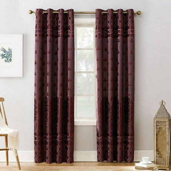 Sun Zero Elidah Velvet Texture Medallion Blackout Grommet Curtain Panel, 50"x95", Merlot
