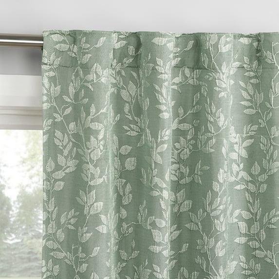 Sun Zero Estelle 2-pack Foliage Woven Jacquard 100% Blackout Back Tab Curtain Panel Pair, 36"W x 84"L, Sage Green