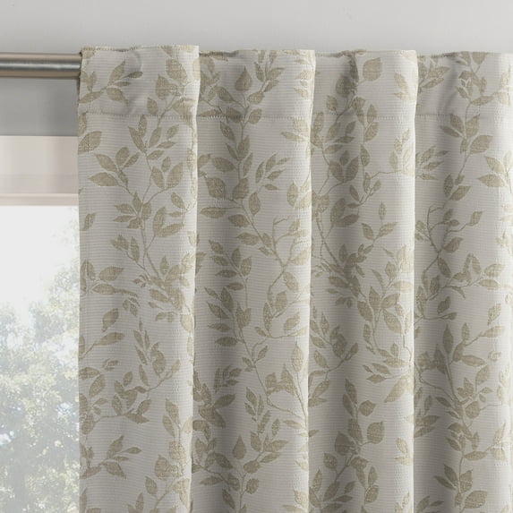 Sun Zero Estelle 2-pack Foliage Woven Jacquard 100% Blackout Back Tab Curtain Panel Pair, 36"W x 84"L, Stone