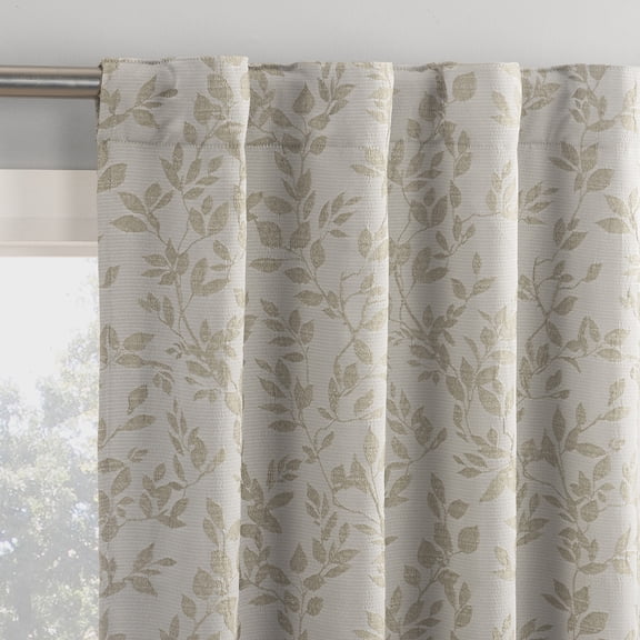 Sun Zero Estelle 2-pack Foliage Woven Jacquard 100% Blackout Back Tab/Rod Pocket Curtain Panel Pair, 36"W x 84"L, Stone