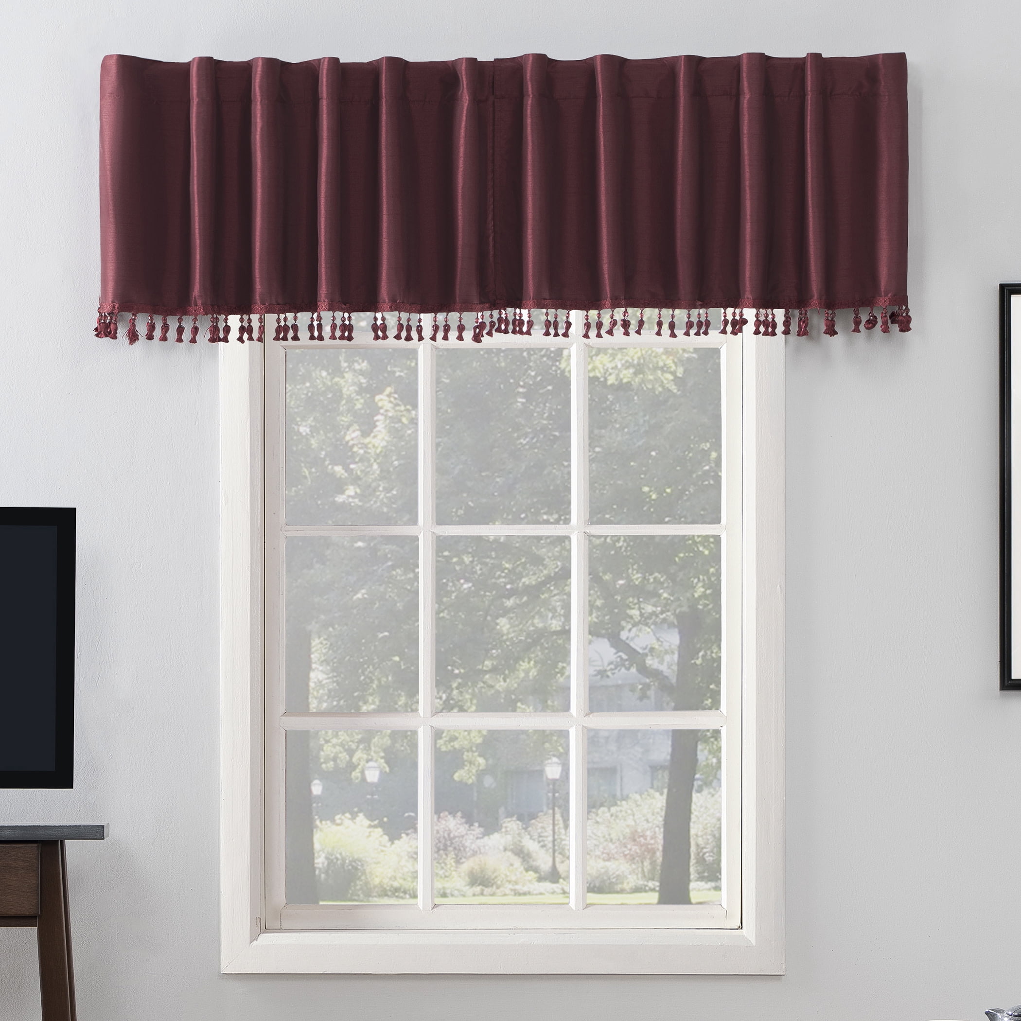 Sun Zero Evelina Faux Dupioni Silk Beaded Tassels Thermal Extreme 100% Blackout Back Tab/Rod Pocket Curtain Valance, 50"W x 17"L, Bordeaux Red