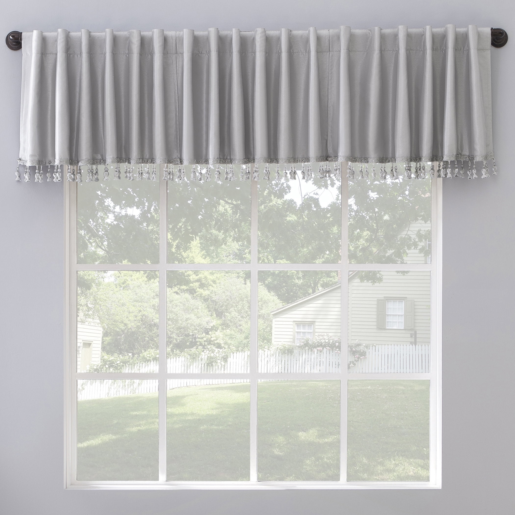 Sun Zero Evelina Faux Dupioni Silk Beaded Tassels Thermal Extreme 100% Blackout Back Tab/Rod Pocket Curtain Valance, 50"W x 17"L, Chrome Gray