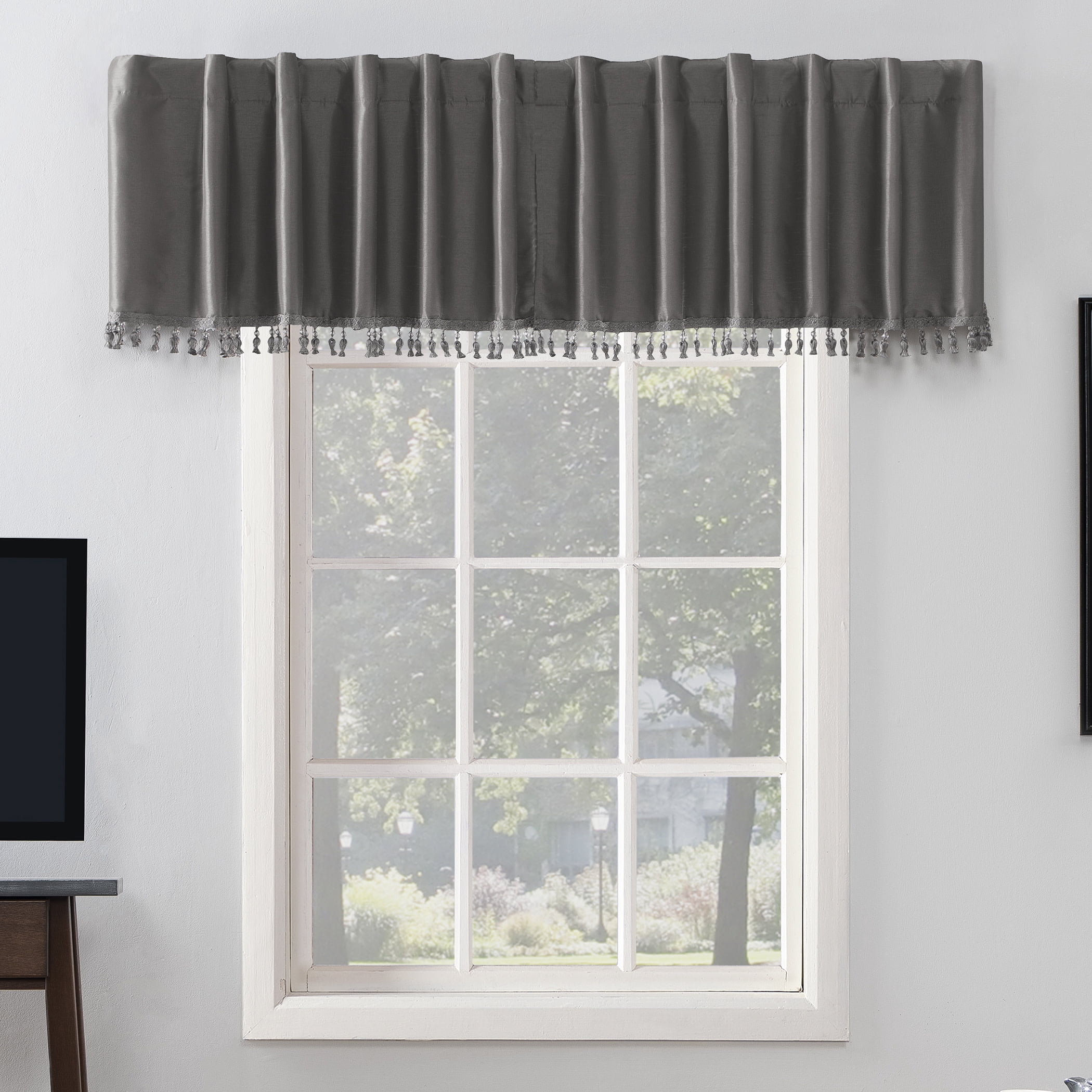 Sun Zero Evelina Faux Dupioni Silk Beaded Tassels Thermal Extreme 100% Blackout Back Tab/Rod Pocket Curtain Valance, 50"W x 17"L, Gray