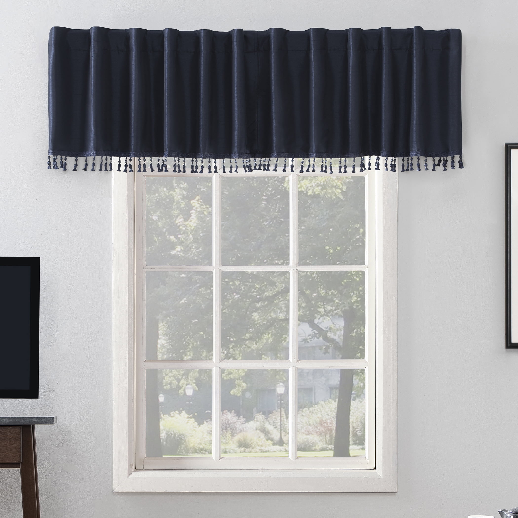 Sun Zero Evelina Faux Dupioni Silk Beaded Tassels Thermal Extreme 100% Blackout Back Tab Curtain Valance,50" x 17", Navy Blue