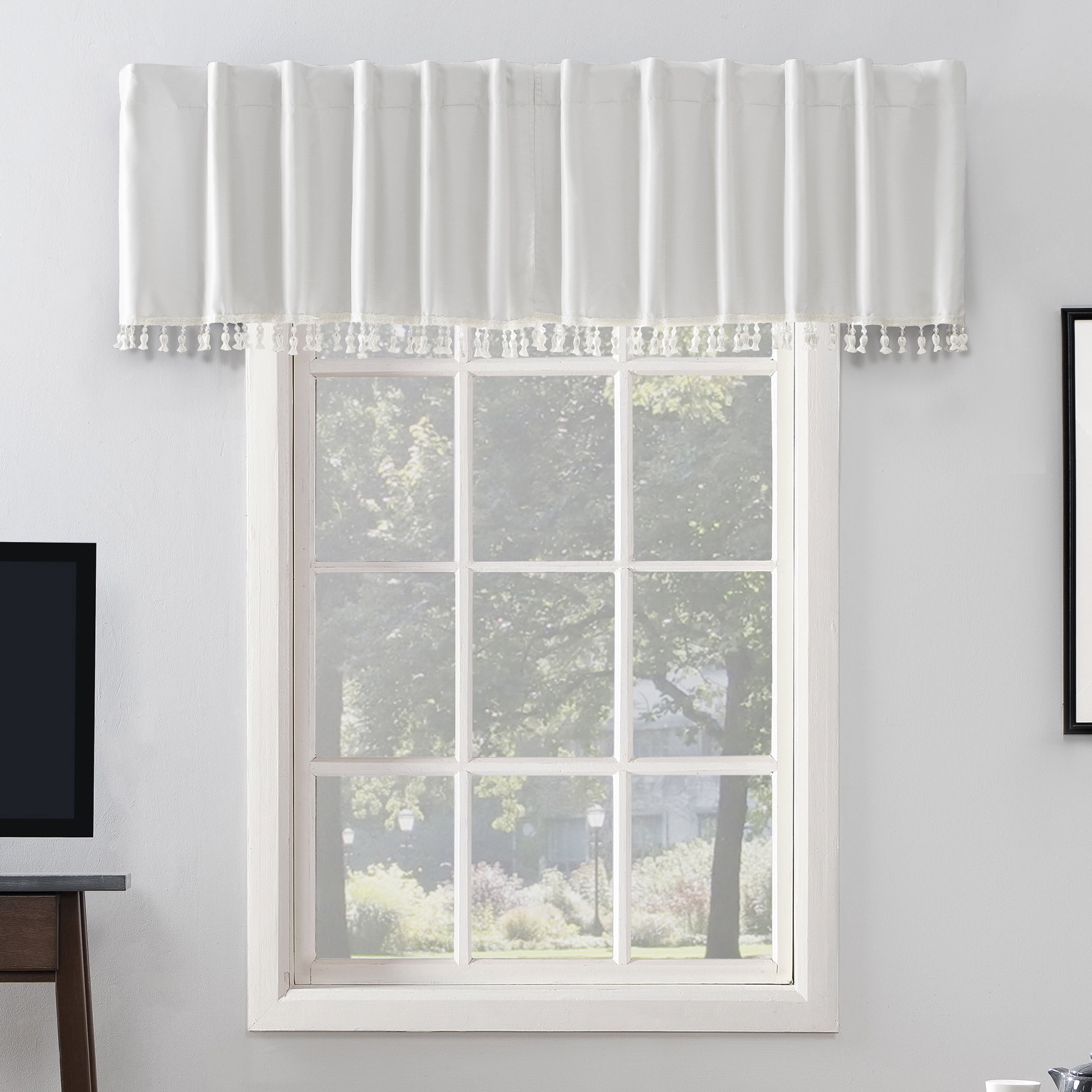 Sun Zero Evelina Faux Dupioni Silk Beaded Tassels Thermal Extreme 100% Blackout Back Tab/Rod Pocket Curtain Valance, 50"W x 17"L, Pearl