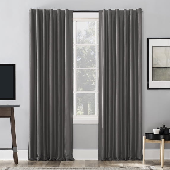 Sun Zero Evelina Faux Dupioni Silk Thermal Extreme 100% Blackout Back Tab/Rod Pocket Curtain Panel, 50"W x 108"L, Iron Gray
