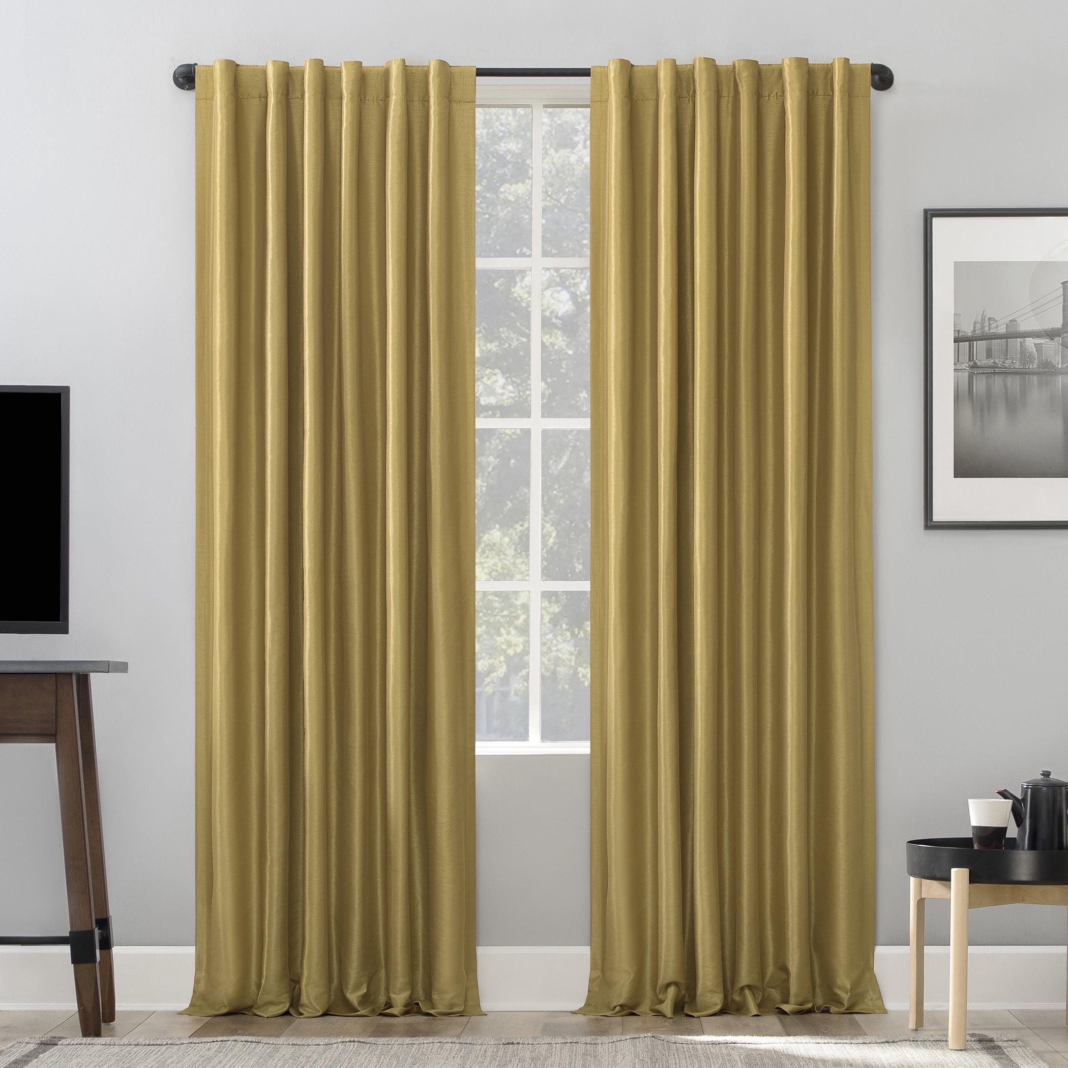Sun Zero Evelina Faux Dupioni Silk Thermal Extreme 100% Blackout Back Tab/Rod Pocket Curtain Panel, 50"W x 84"L, Gold