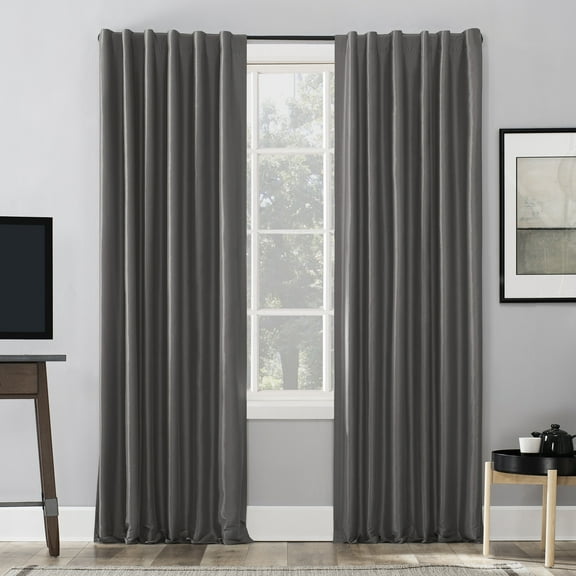 Sun Zero Evelina Faux Dupioni Silk Thermal Extreme 100% Blackout Back Tab Curtain Panel,50" X 84, Gray