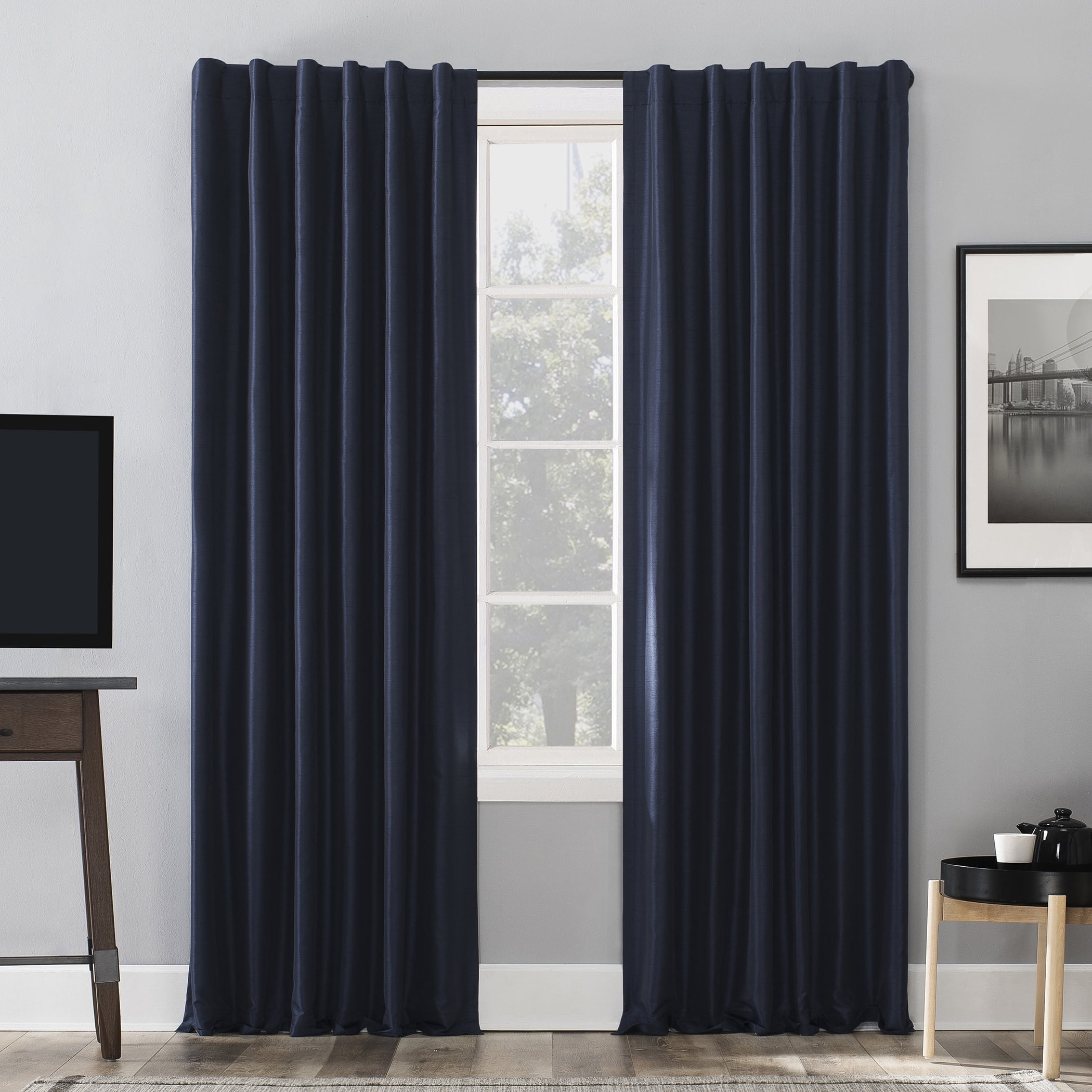 Sun Zero Evelina Faux Dupioni Silk Thermal Extreme 100% Blackout Back Tab/Rod Pocket Curtain Panel, 50"W x 84"L, Navy Blue