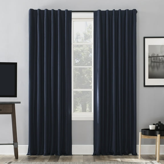 Sun Zero Evelina Faux Dupioni Silk Thermal Extreme 100% Blackout Back Tab Curtain Panel,50" X 84, Navy Blue