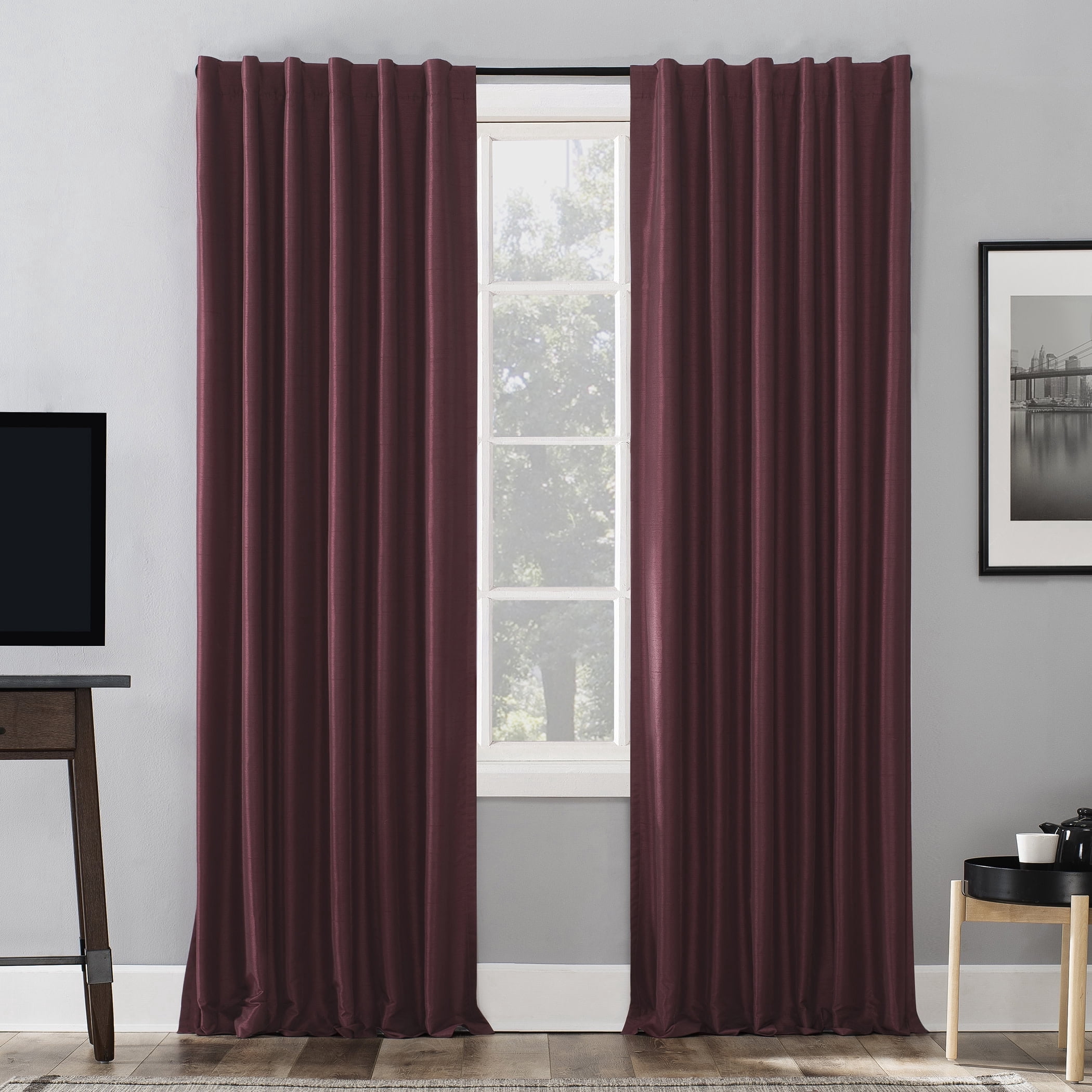 Sun Zero Evelina Faux Dupioni Silk Thermal Extreme 100% Blackout Back Tab/Rod Pocket Curtain Panel, 50"W x 95"L, Bordeaux Red