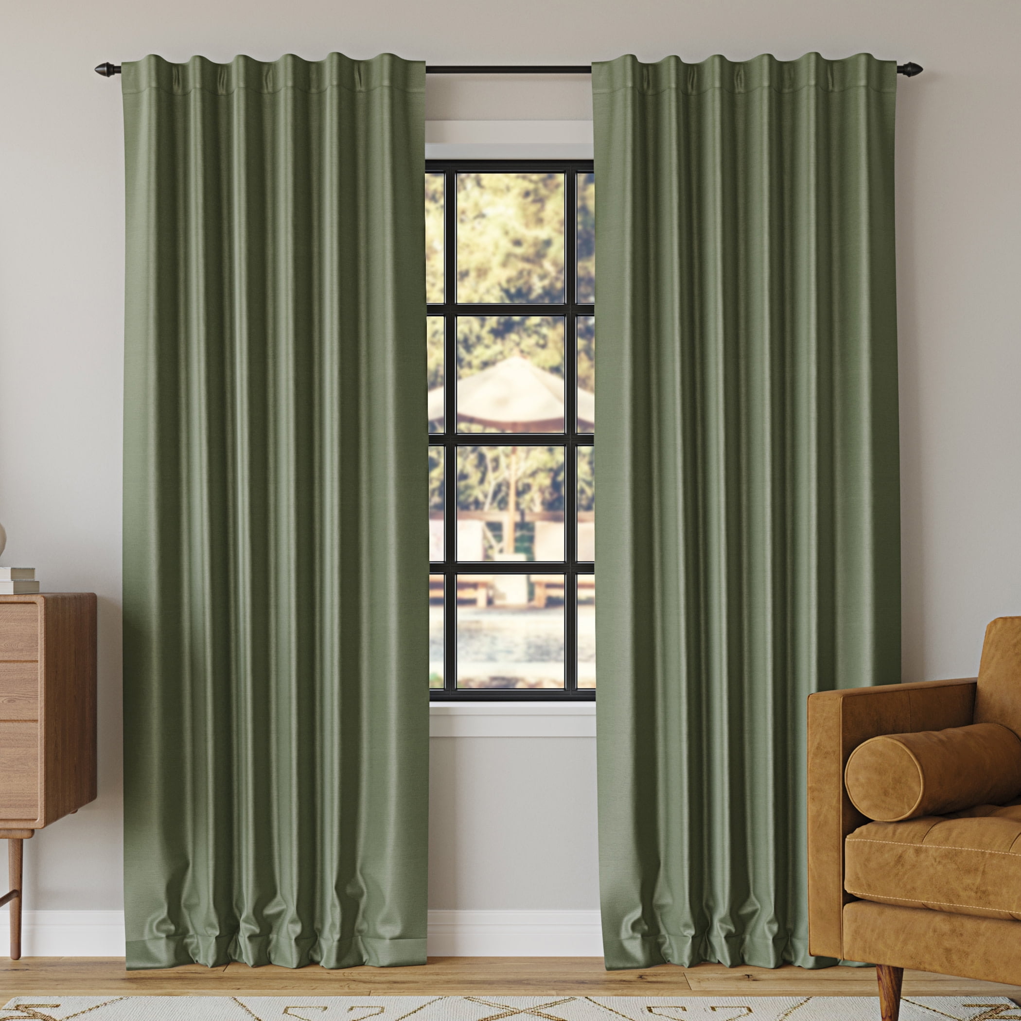 Moss Green Faux Silk Blackout Back Tab Curtain Panel 50" x 84"