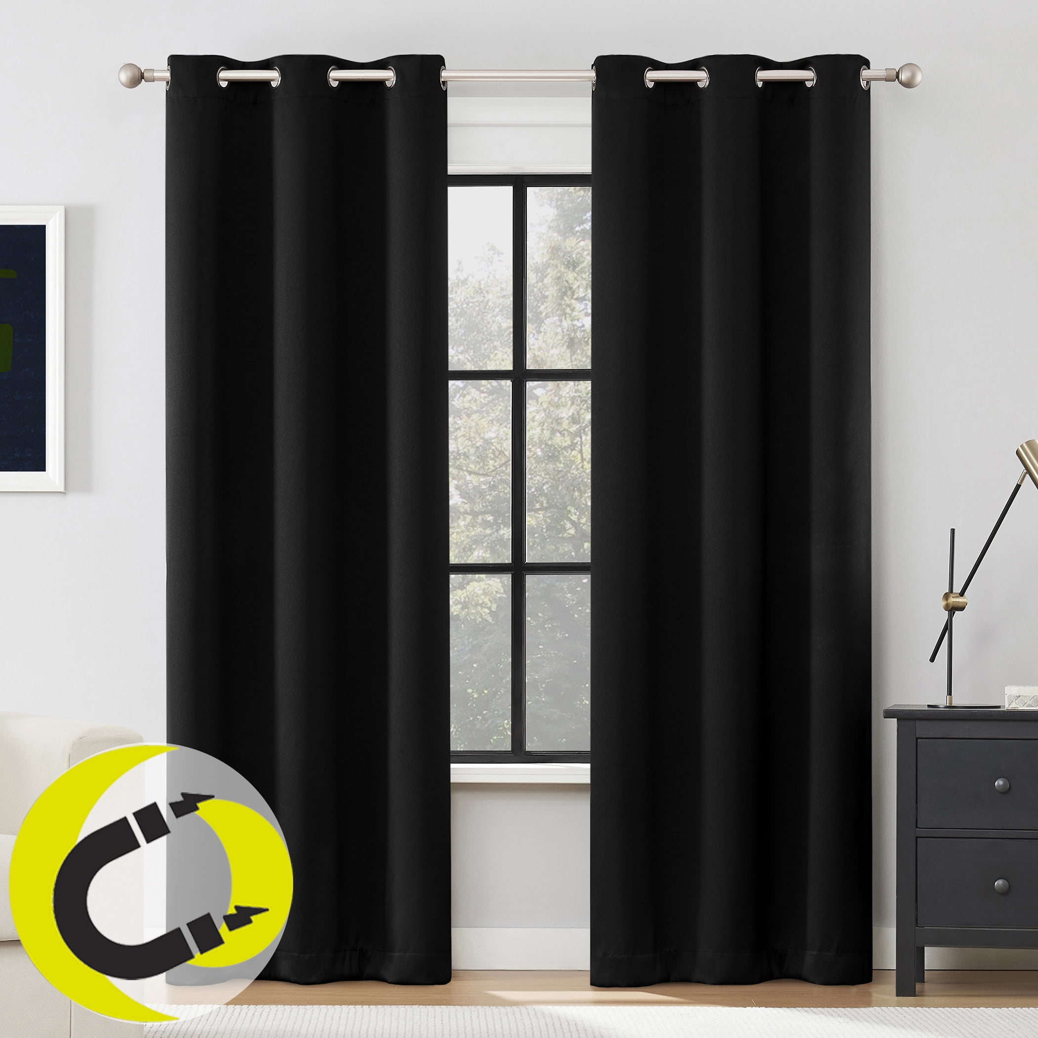 Sun Zero Graham 2-pack Magnetic Closure 100% Blackout Grommet Curtain Panel Pair, 40"W x 108"L, Black