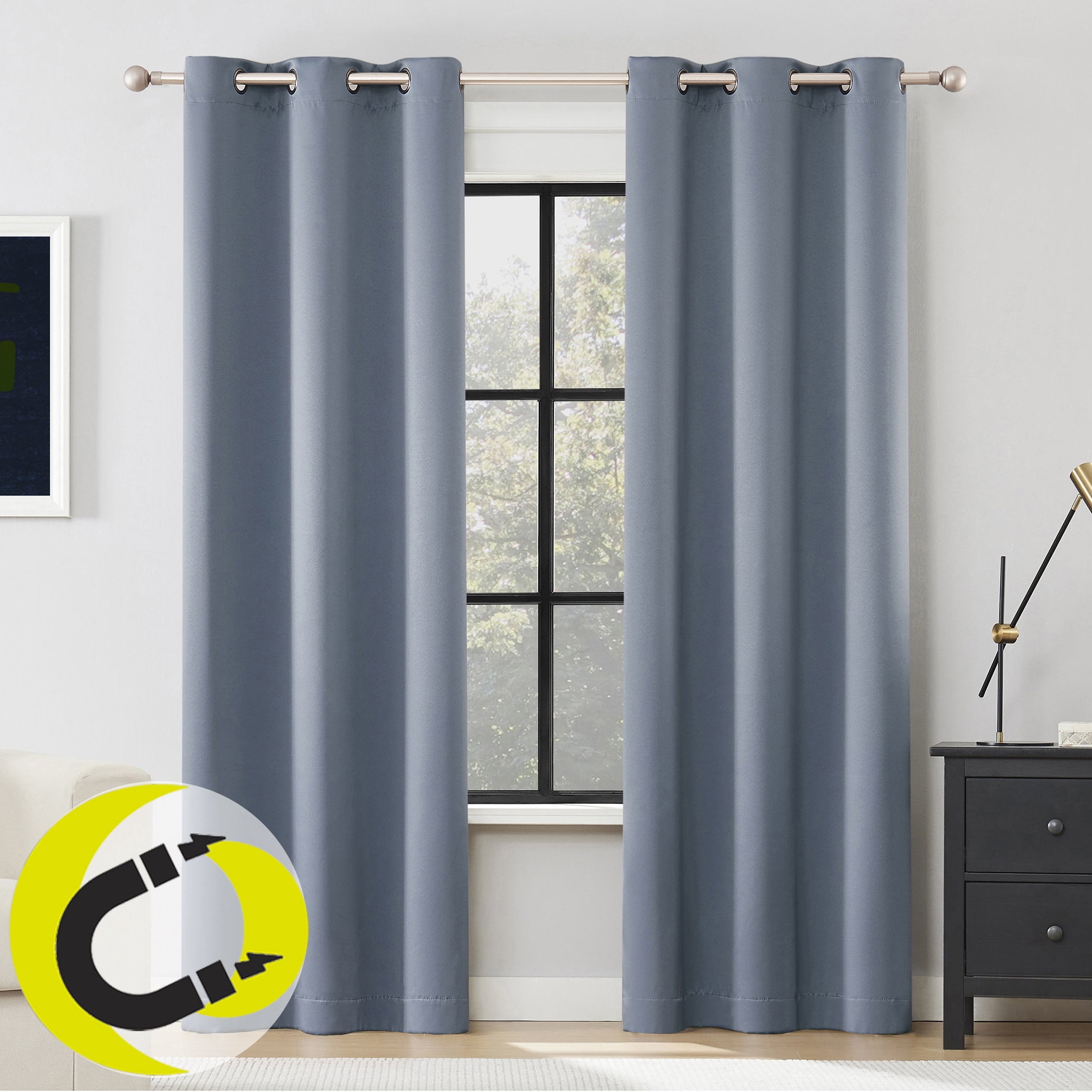 Sun Zero Graham 2-pack Magnetic Closure 100% Blackout Grommet Curtain Panel Pair, 40"W x 84"L, Denim Blue