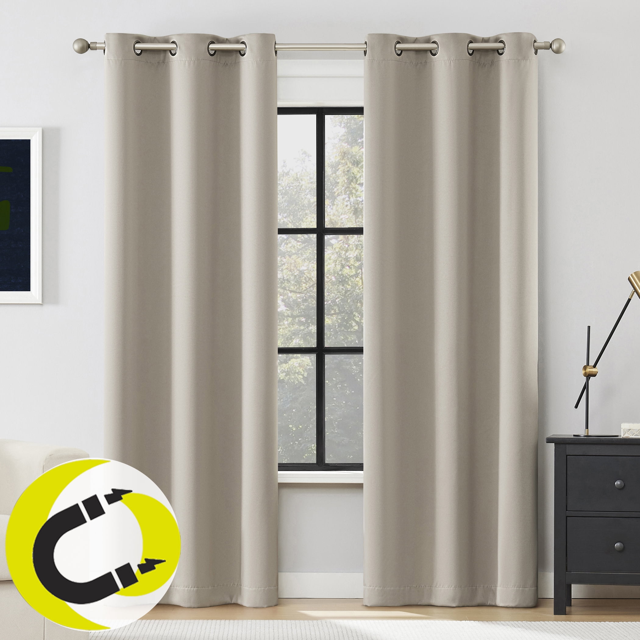 Sun Zero Graham 2-pack Magnetic Closure 100% Blackout Grommet Curtain Panel Pair, 40"W x 84"L, Stone