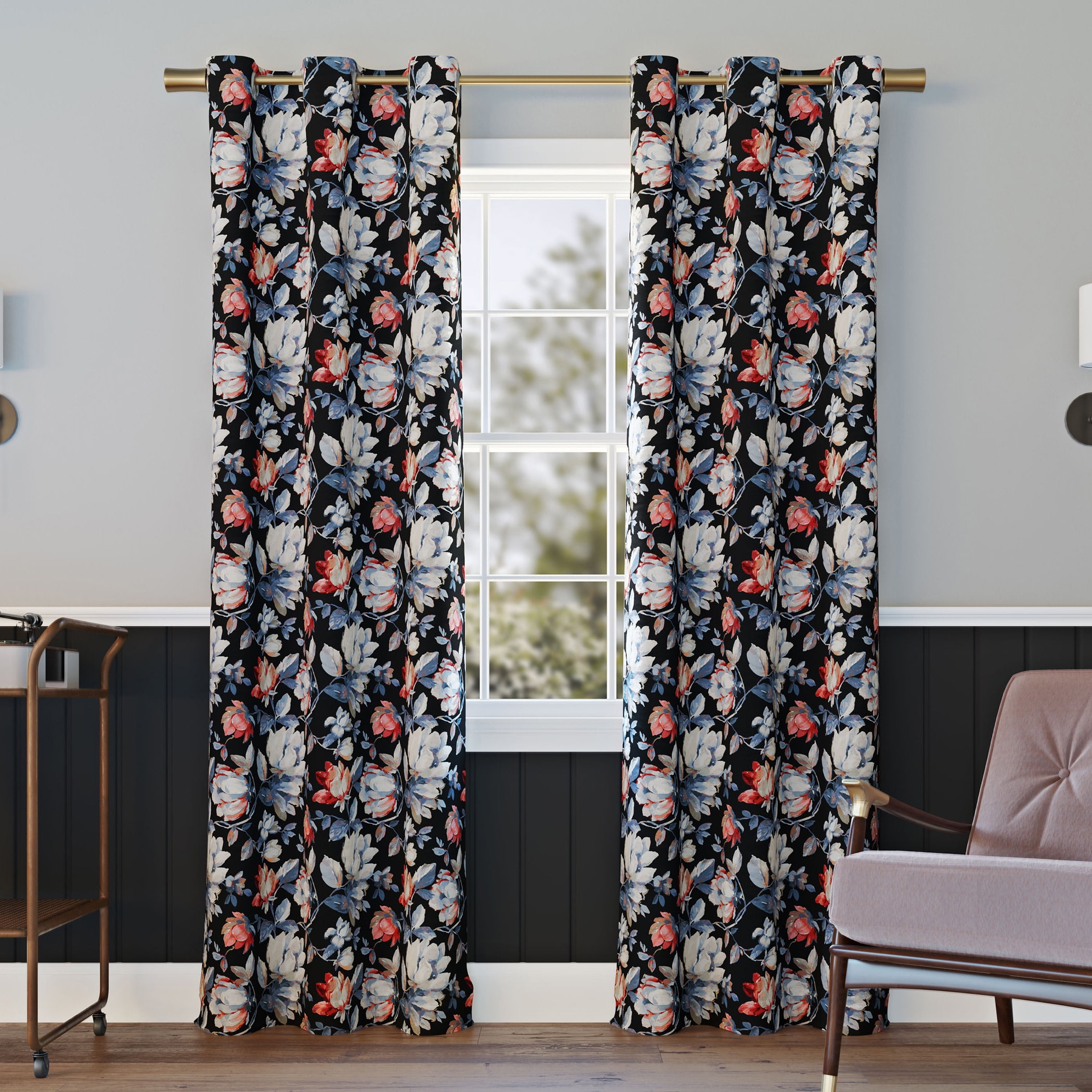 Black Floral Polyester Blackout Grommet Curtain Panel, 40" x 63"