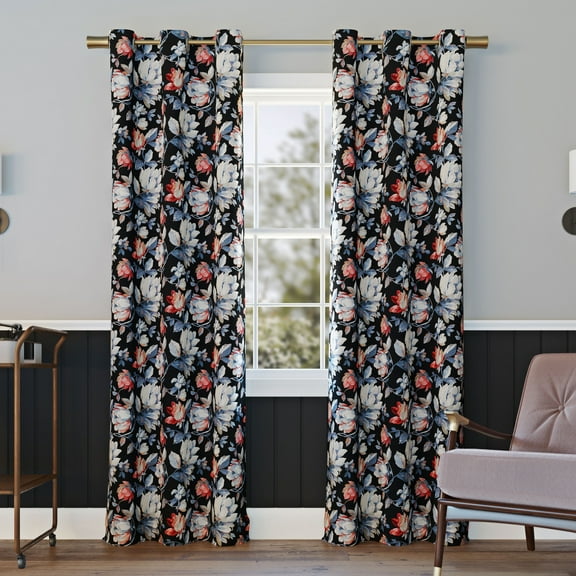 Sun Zero Irma Vintage Floral Blackout Grommet Curtain Panel, 40"X63", Black
